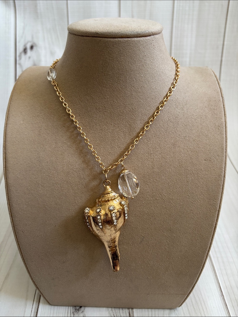 Chico's Gold Toned Shell Pendant Necklace with Clear Crystal Accent